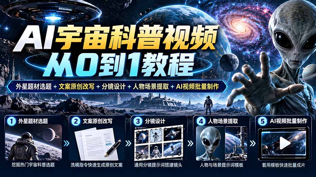 AI宇宙科普视频从0到1教程|外星题材选题+文案原创改写+分镜设计+人物场景提取+AI视频批量制作