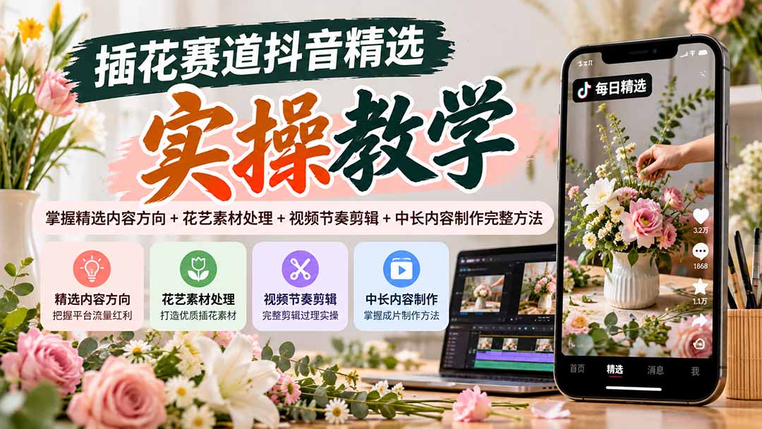 插花赛道抖音精选实操教学:掌握精选内容方向+花艺素材处理+视频节奏剪辑+中长内容制作完整方法