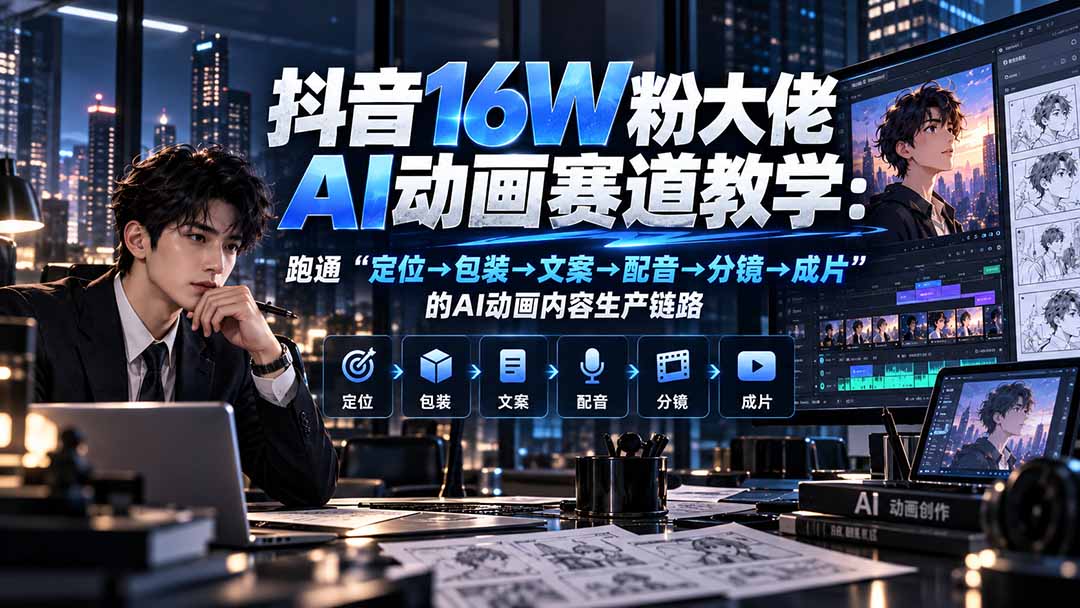 抖音16W粉大佬规则门禁AI动画赛道教学:跑通“定位→包装→文案→配音→分镜→成片”的AI动画内容生产链路