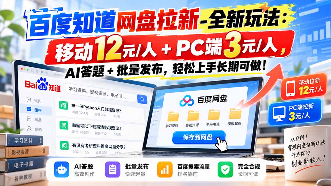 百度知道网盘拉新-全新玩法:移动12元/人+PC端3元/人,AI答题+批量发布,轻松上手长期可做!
