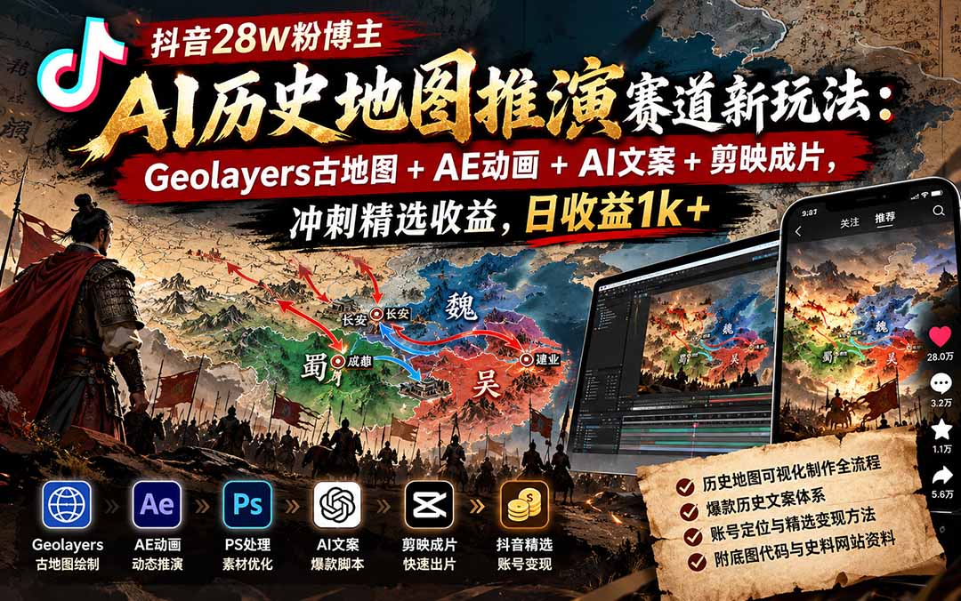 抖音28W粉博主AI历史地图推演赛道新玩法：Geolayers古地图+AE动画+AI文案+剪映成片，冲刺精选收益，日收益1k+