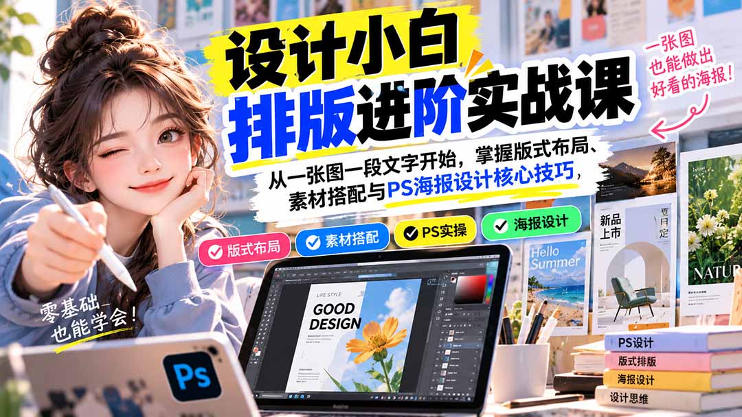 设计小白排版进阶实战课:从一张图一段文字开始,掌握版式布局、素材搭配与PS海报设计核心技巧