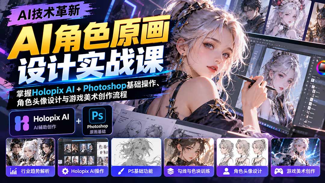 AI角色原画设计实战课:掌握Holopix AI+Photoshop基础操作、角色头像设计与游戏美术创作流程