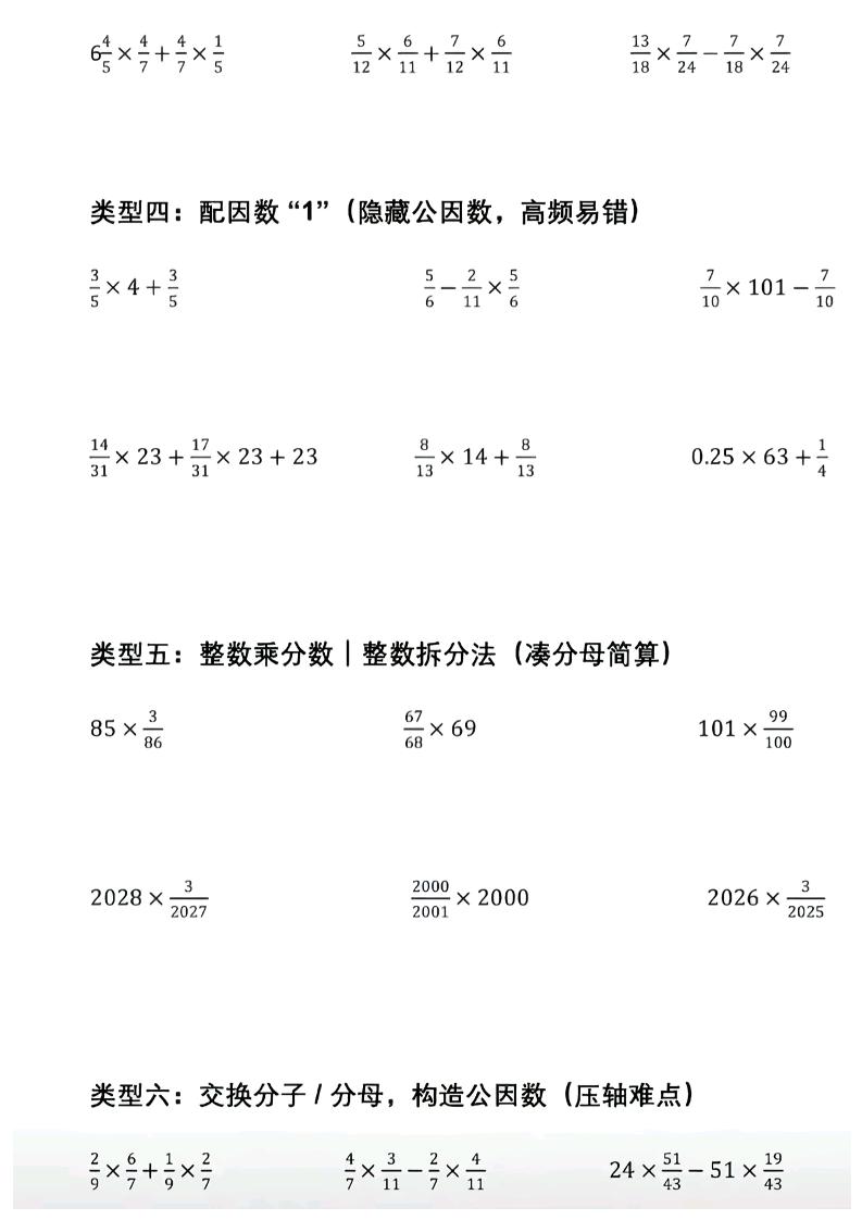 六年级上册数学分数乘法简便计算10大必考题型