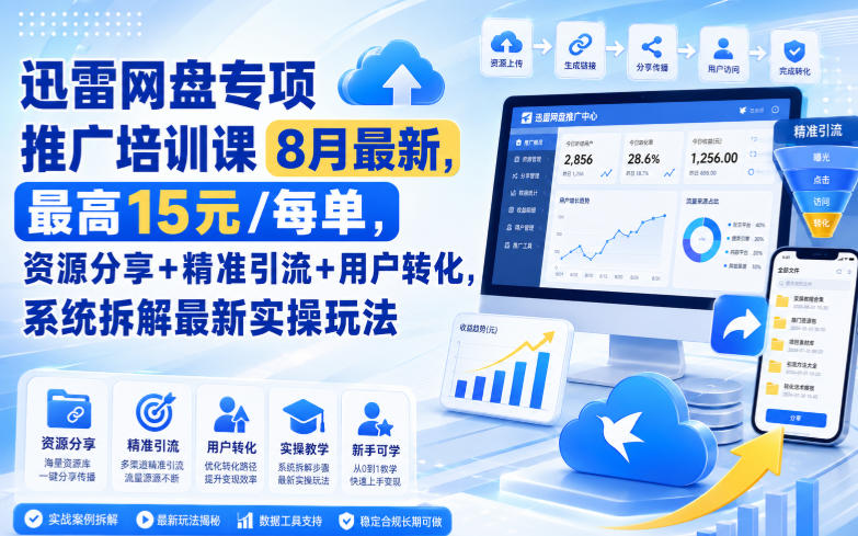 迅雷网盘专项推广培训课9月最新,最高15米/每单,资源分享+精准引流+用户转化,系统拆解最新实操玩法(更新1009)
