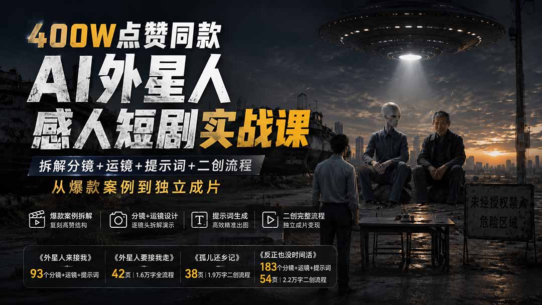 400W点赞同款AI外星人感人短剧实战课-更新1009:拆解分镜+运镜+提示词+二创流程,从爆款案例到独立成片