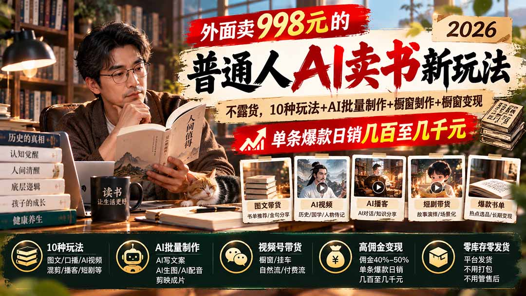 外面卖998元的2026普通人AI卖书新玩法：不露脸、不囤货，10种玩法+AI批量制作+橱窗变现，单条爆款日销几百至几千元
