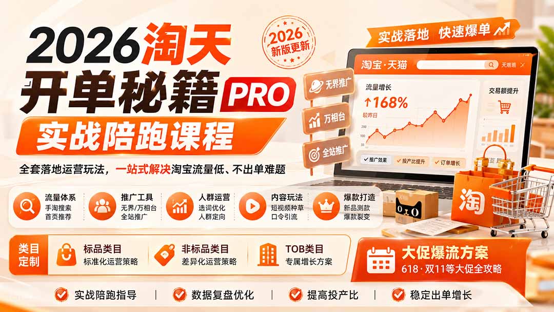 2026淘天开单秘籍PRO实战陪跑课程-更新1012:全套落地运营玩法,一站式解决淘宝流量低、不出单难题