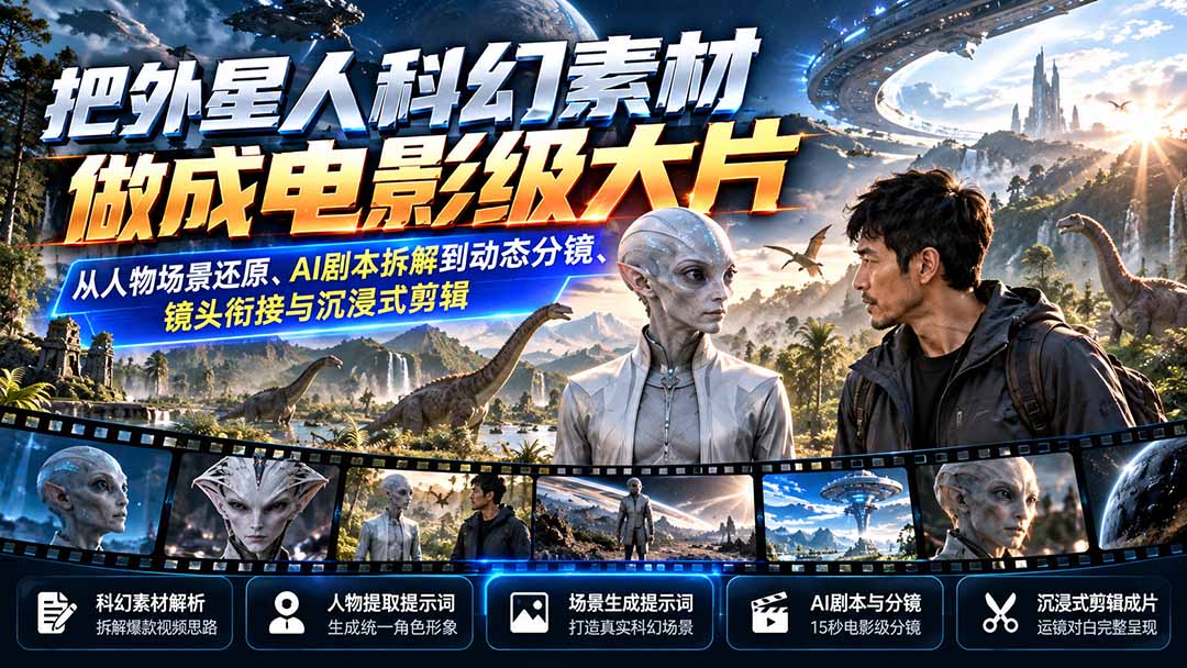 把外星人科幻素材做成电影级大片：从人物场景还原、AI剧本拆解到动态分镜、镜头衔接与沉浸式剪辑