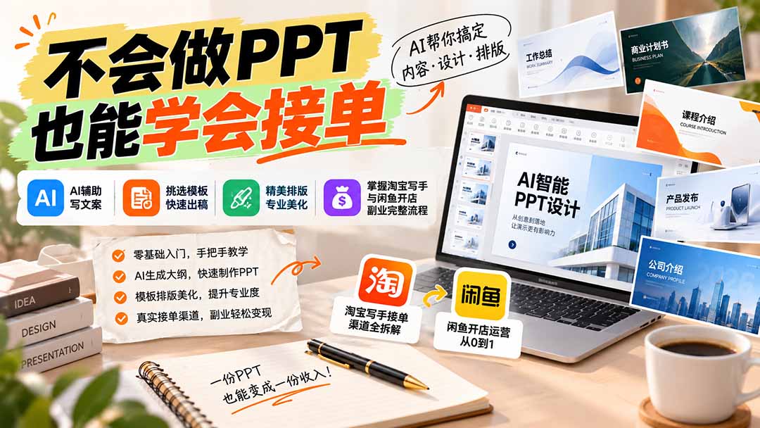 不会做PPT也能学会接单:AI辅助写文案、挑模板、做排版,掌握淘宝写手与闲鱼开店副业完整流程