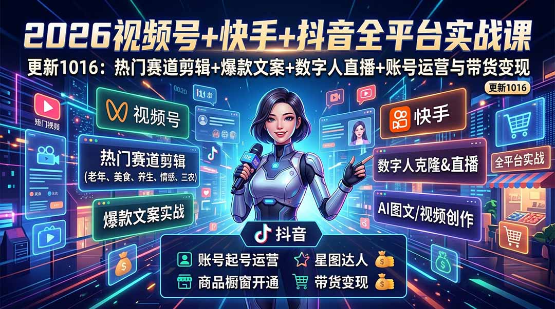 视频号+快手+抖音三大平台的全栈剪辑+数字人直播实战课-3月更新：快速实现短视频变现
