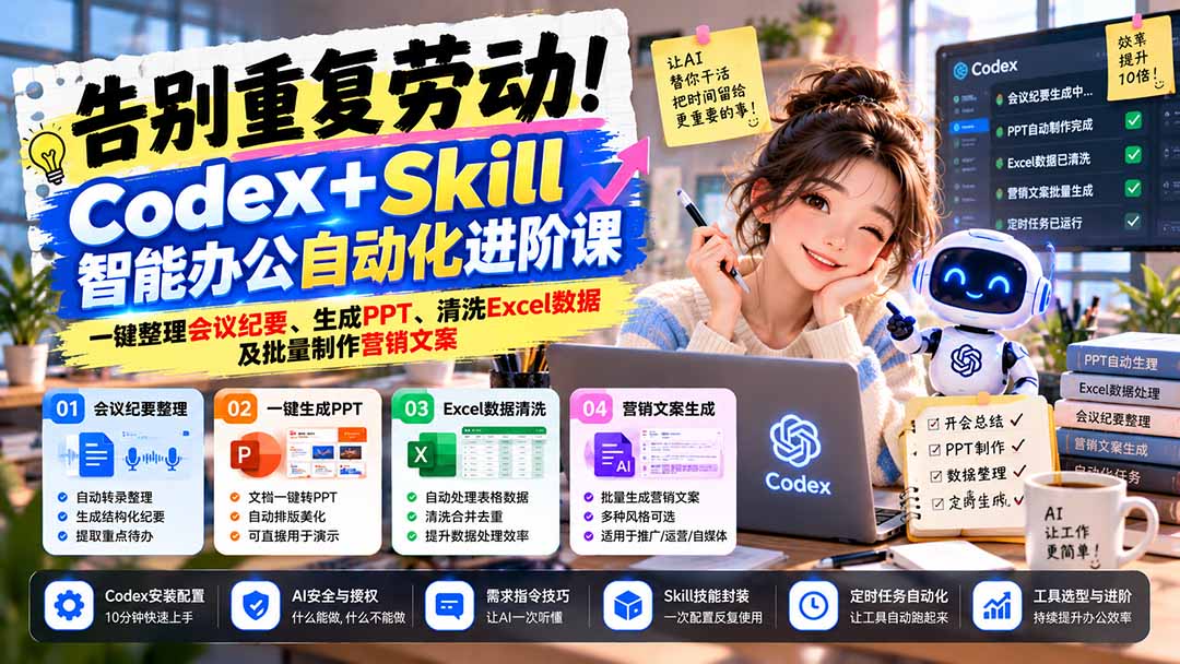告别重复劳动!Codex+Skill智能办公自动化进阶课:一键整理会议纪要、生成PPT、清洗Excel数据及批量制作营销文案