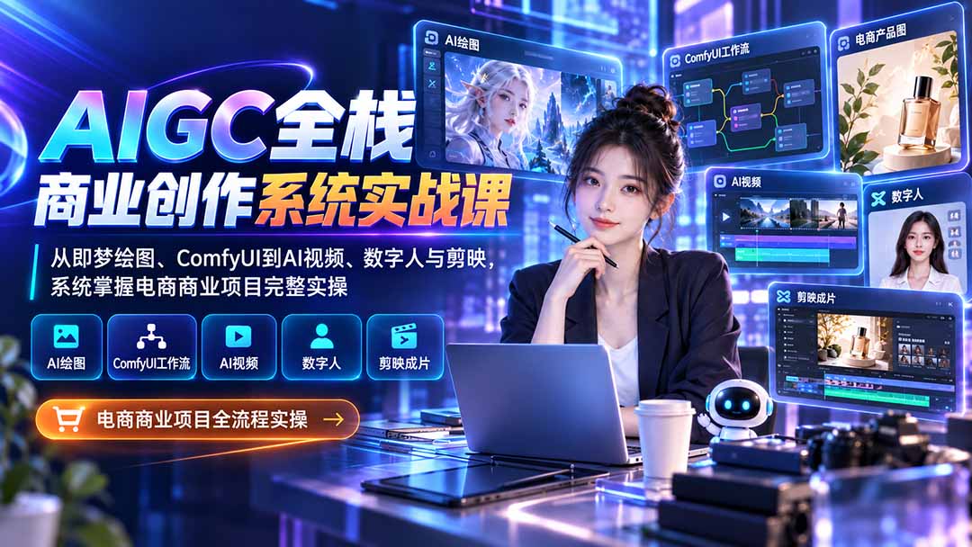 AIGC全栈商业创作系统实战课-更新1017:从即梦绘图、ComfyUI到AI视频、数字人与剪映,系统掌握电商商业项目完整实操