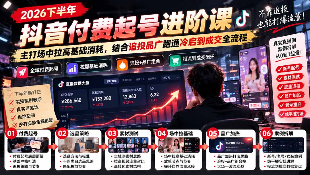 2026下半年抖音付费起号进阶课-更新1019：主打场中拉高基础消耗，结合追投品广跑通冷启到成交全流程