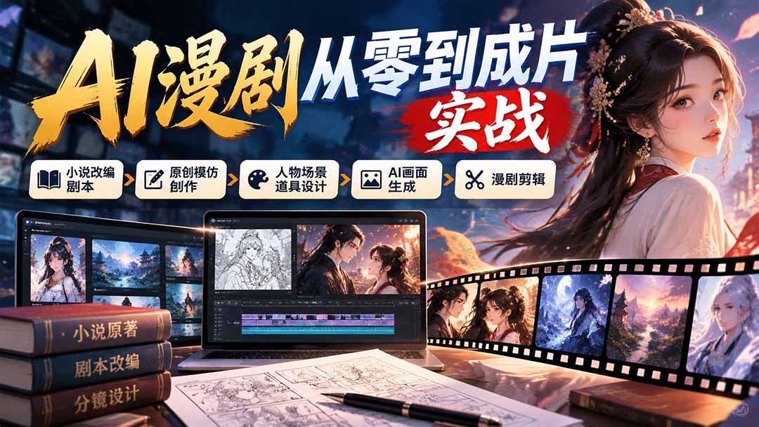 AI漫剧从零到成片实战:小说改编剧本、原创模仿创作、人物场景道具设计、AI画面生成与漫剧剪辑