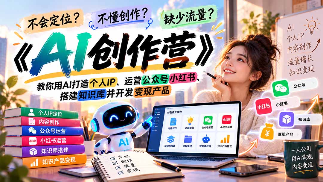 不会定位、不懂创作、缺少流量?《AI创作营》教你用AI打造个人IP、运营公众号小红书、搭建知识库并开发变现产品