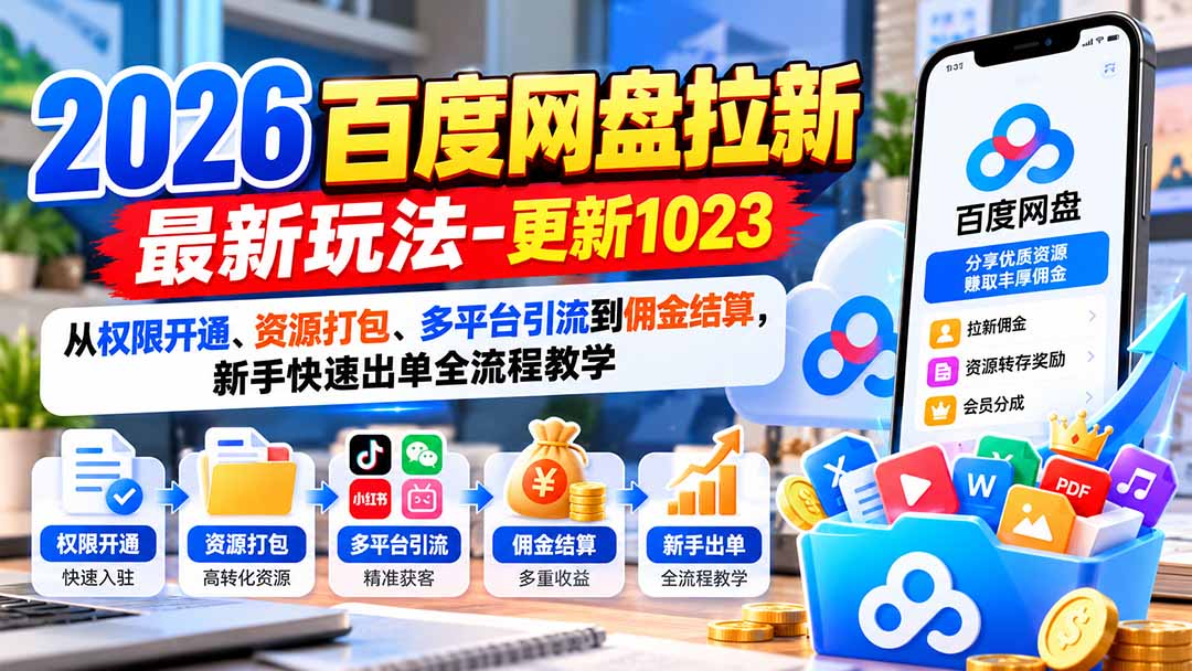 2026百度网盘拉新最新玩法-更新1023:从权限开通、资源打包、多平台引流到佣金结算,新手快速出单全流程教学