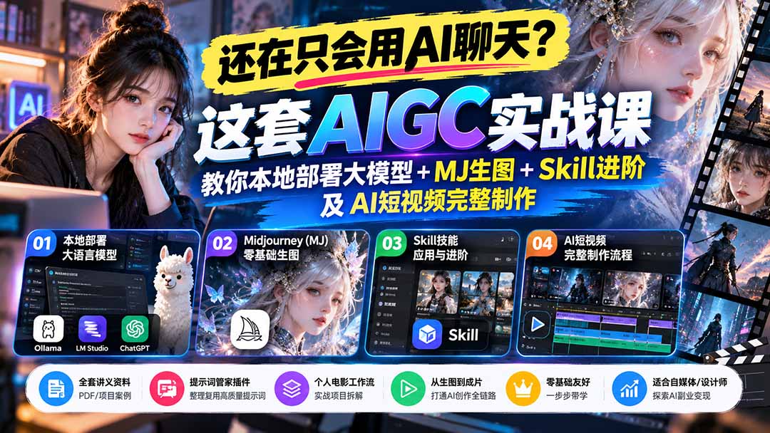 【无水印】还在只会用AI聊天?这套AIGC实战课教你本地部署大模型+MJ生图+Skill进阶及AI短视频完整制作
