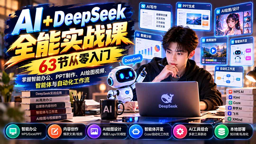 AI+DeepSeek全能实战课:63节从零入门,掌握智能办公、PPT制作、AI绘图视频、智能体与自动化工作流