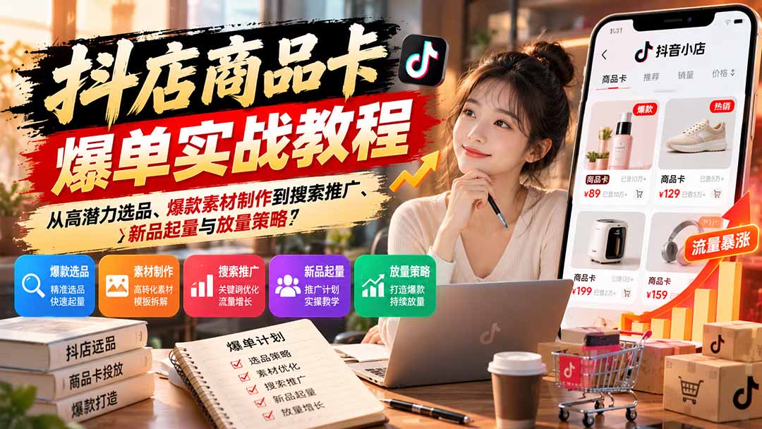 抖店商品卡爆单实战教程:从高潜力选品、爆款素材制作到搜索推广、新品起量与放量策略