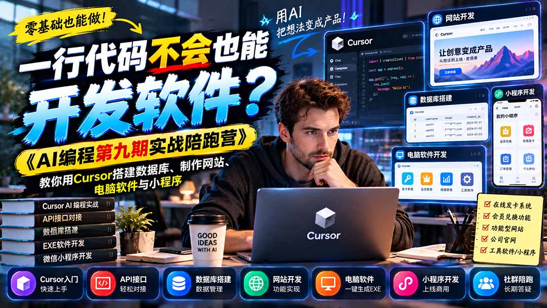 一行代码不会也能开发软件?《AI编程第九期实战陪跑营》教你用Cursor搭建数据库、制作网站、电脑软件与小程序