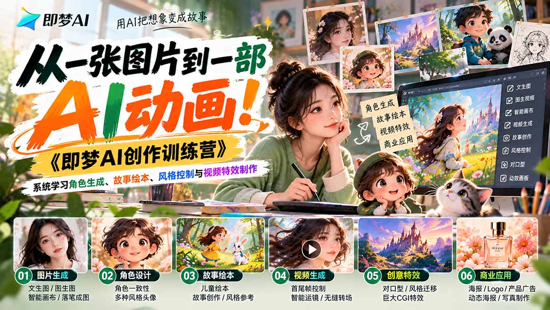【无水印】从一张图片到一部AI动画!《即梦AI创作训练营》系统学习角色生成、故事绘本、风格控制与视频特效制作