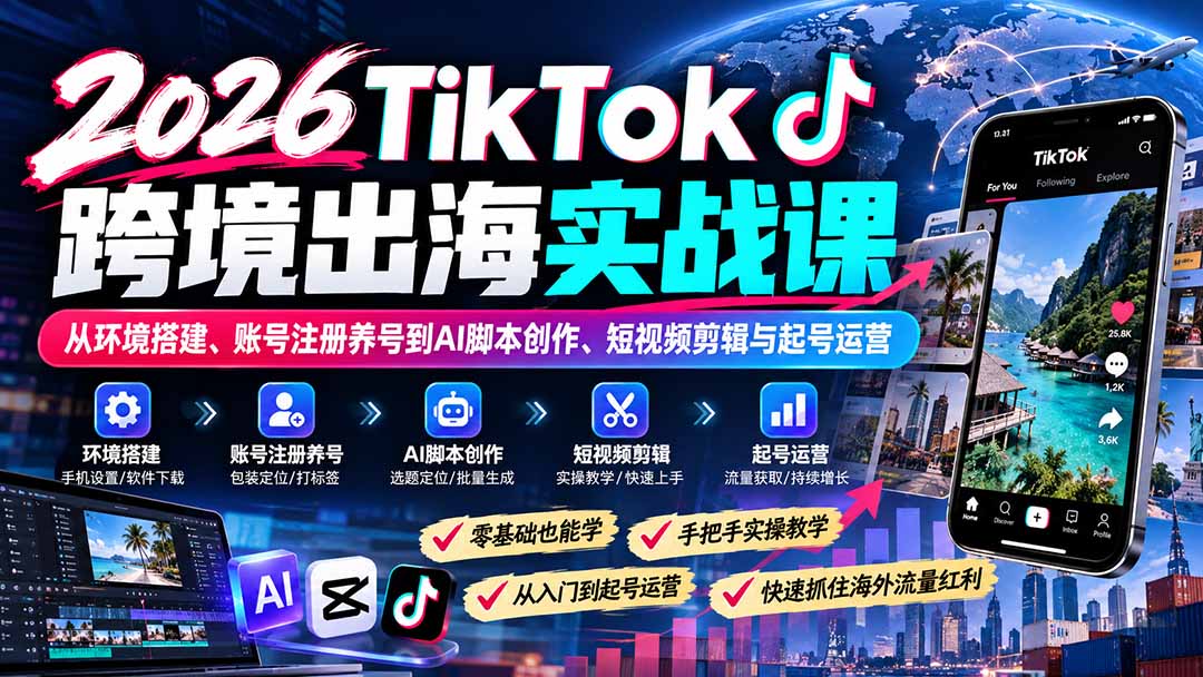 2026TikTok跨境出海实战课:从环境搭建、账号注册养号到AI脚本创作、短视频剪辑与起号运营