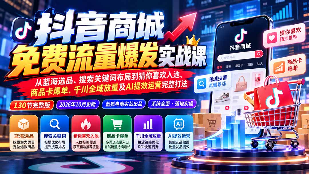 抖店城免费流量爆发实战-更新:蓝海选品、搜索关键词布局到猜你喜欢入池、商品卡爆单、千川全域放量及AI提效完整打法