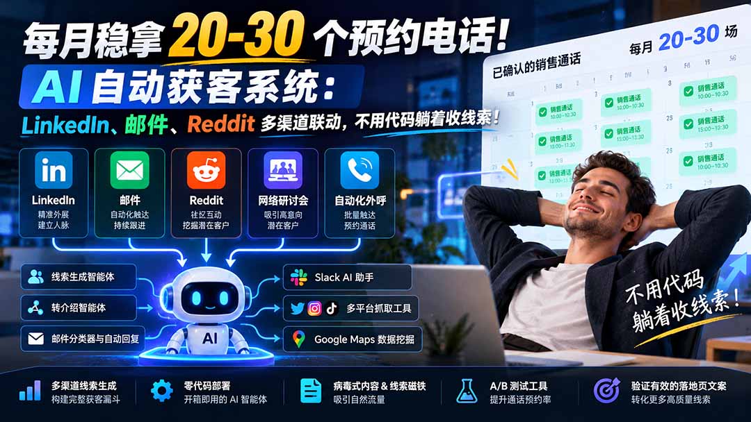 每月稳拿 20-30 个预约电话!AI 自动获客系统:LinkedIn、邮件、Reddit 多渠道联动,不用代码躺着收线索!