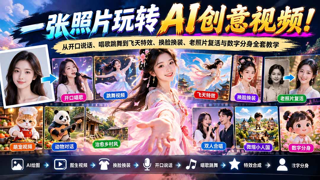 一张照片玩转AI创意视频!从开口说话、唱歌跳舞到飞天特效、换脸换装、老照片复活与数字分身全套教学