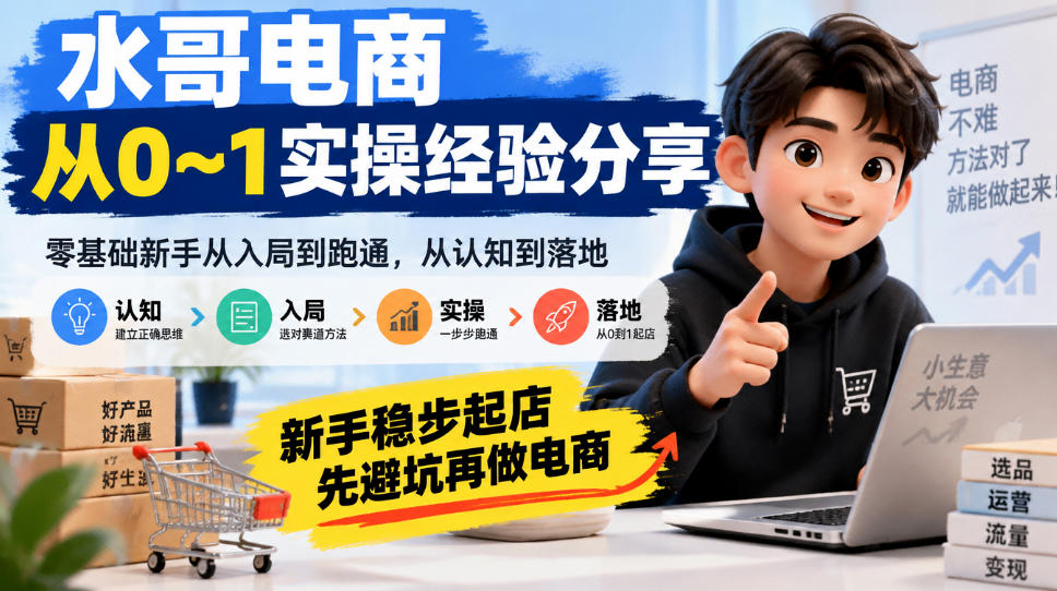 水哥电商从0~1实操经验分享，​零基础新手从入局到跑通，从认知到落地，新手稳步起店，先避坑再做电商
