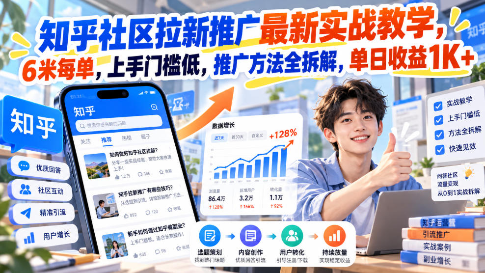 知乎社区拉新推广最新实战教学,6米每单,上手门槛低,推广方法全拆解,单日收益1K+!(更新1030)