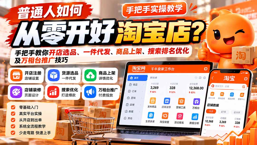 普通人如何从零开好淘宝店?手把手教你开店选品、一件代发、商品上架、搜索排名优化及万相台推广技巧