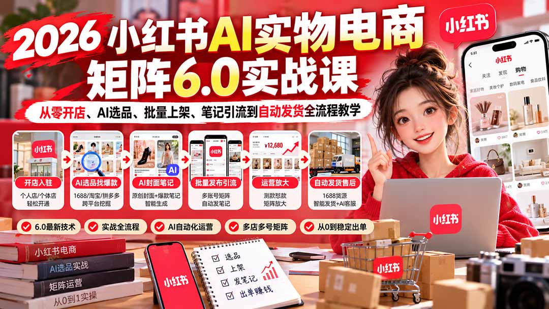 2026小红书AI实物电商矩阵6.0实战课：从零开店、AI选品、批量上架、笔记引流到自动发货全流程教学