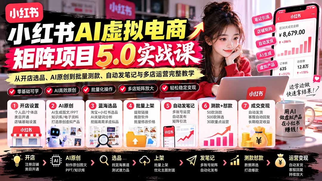 小红书AI虚拟电商矩阵5.0实战课:从开店选品、AI原创到批量测款、自动发笔记与多店运营完整教学