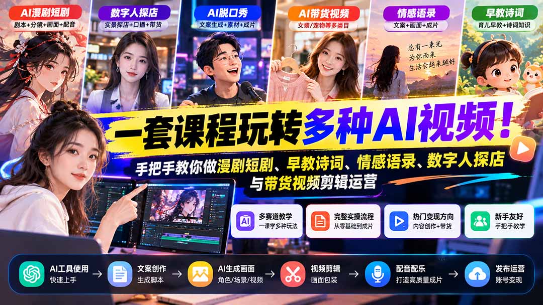 【无水印】一套课程玩转多种AI视频!手把手教你做漫剧短剧、早教诗词、情感语录、数字人探店与带货视频剪辑运营