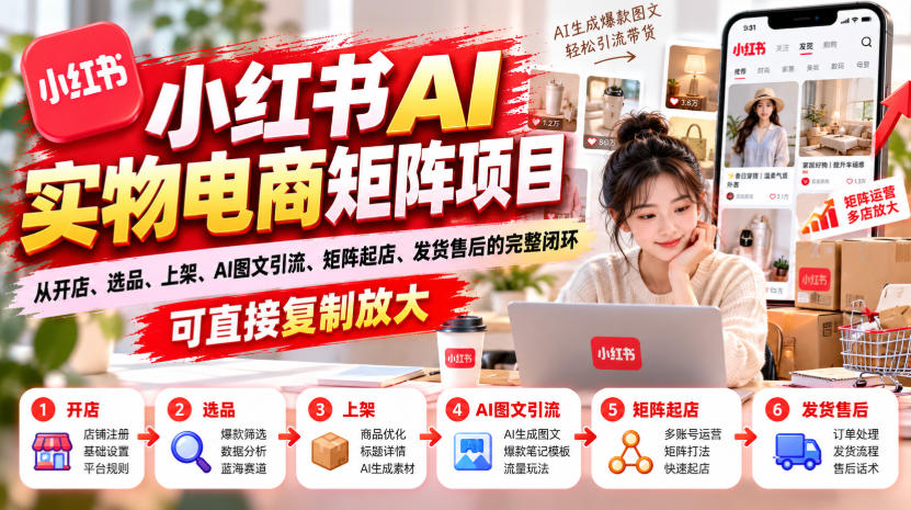 小红书AI实物电商矩阵项目,从开店、选品、上架、AI图文引流、矩阵起店、发货售后的完整闭环,可直接复制放大