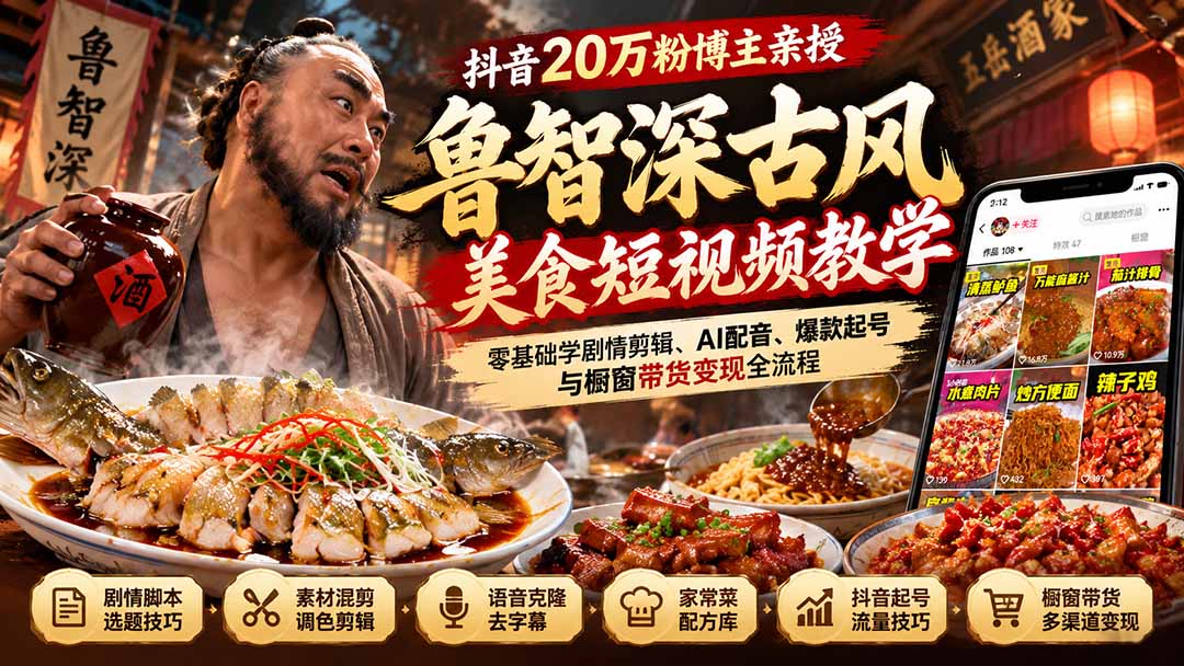 抖音20万粉博主亲授鲁智深古风美食玩法:零基础学剧情剪辑、AI配音、爆款起号与橱窗带货变现全流程
