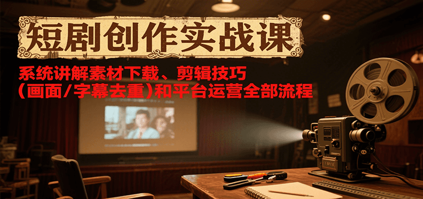 短剧创作实战课，系统讲解素材下载、剪辑技巧(画面/字幕去重)和平台运营全部流程