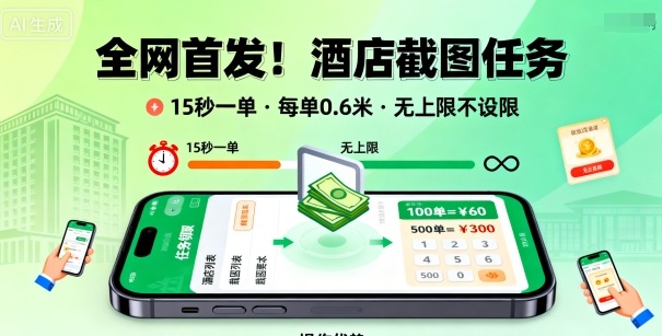 全网首发！酒店截图任务，15秒一单，每单0.6米，任务无上限不设限，矩阵操作单日3张到手【揭秘】