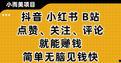 小而美的项目，抖音小红书B站视频点赞、关注、评论就能挣钱，简单无脑立见收益，妥妥的零撸项目【揭秘】