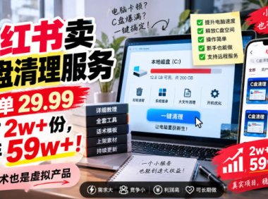 小红书卖C盘清理服务,一单29.99,卖了2w+份,技术也是虚拟产品