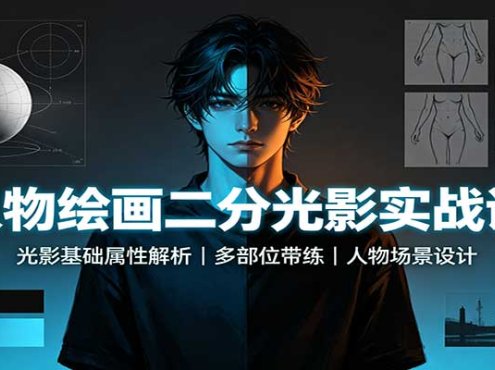 人物绘画二分光影实战课：光影基础属性解析，多部位带练，人物场景设计