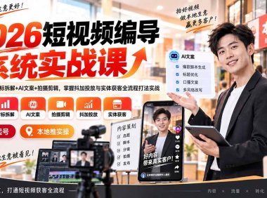2026短视频编导系统实战课：账号定位+对标拆解+AI文案+拍摄剪辑，掌握抖加投放与实体获客全流程打法实战