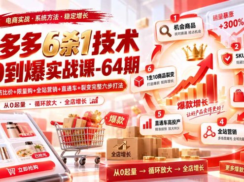 拼多多6杀1技术从0到爆实战课-64期：机会商品+防比价+限量购+全站营销+直通车+裂变完整六步打法