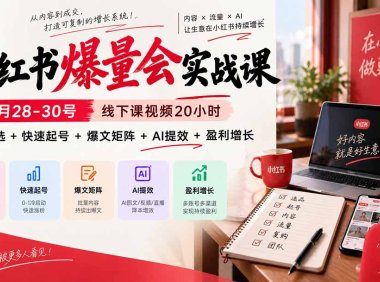 小红书爆量会实战课:8月28-30号线下课视频20小时,爆品筛选+快速起号+爆文矩阵+AI提效+盈利增长