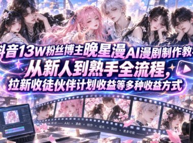 抖音13W粉丝博主晚星漫AI漫剧制作教学,从新人到熟手全流程,拉新收徒伙伴计划收益等多种收益方式,单日1K+