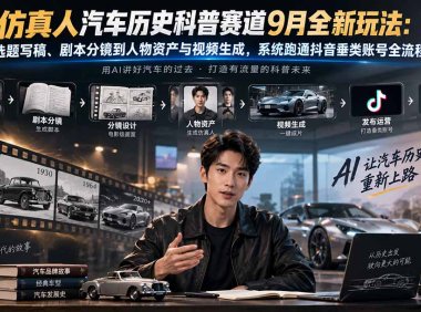 AI仿真人汽车历史科普赛道9月全新玩法:从选题写稿、剧本分镜到人物资产与视频生成,系统跑通抖音垂类账号全流程