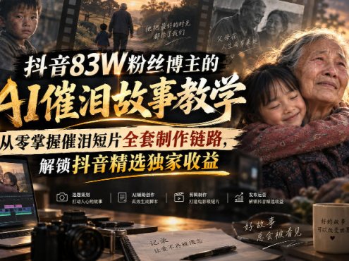 抖音83W粉丝博主的AI催泪故事教学，从零掌握催泪短片全套制作链路，解锁抖音精选独家收益