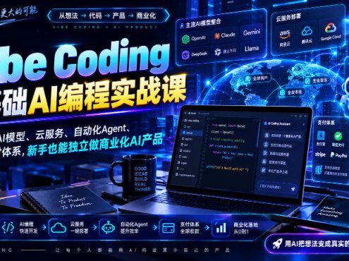 Vibe Coding零基础AI编程实战课-无水印，整合主流AI模型、云服务、自动化Agent、海内外支付体系，新手也能独立做商业化AI产品